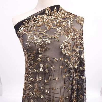 Wholesale 100% polyester sequin fabric gold embroidery